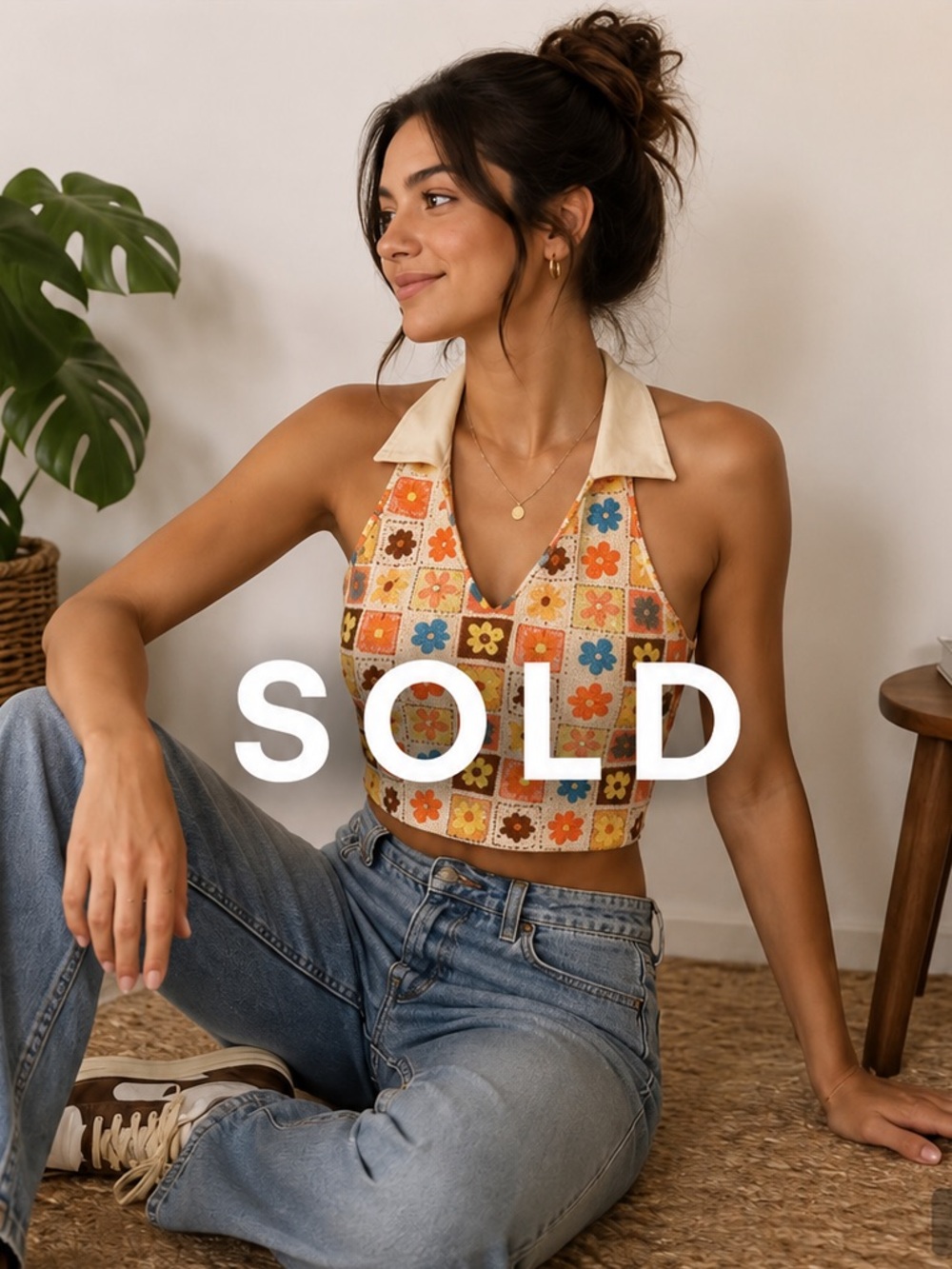 Retro Floral Halter Crop Top with Collar